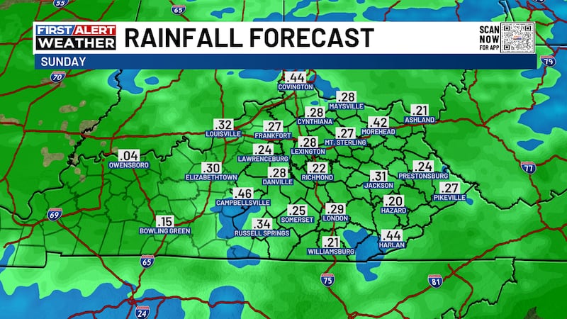 Around a quarter to half an inch of rain is expected on Sunday.