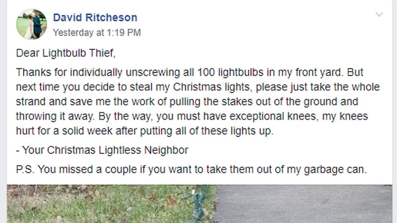 David Ritcheson A dim situation: Christmas light thieves unscrew, steal 100 lightbulbs ...